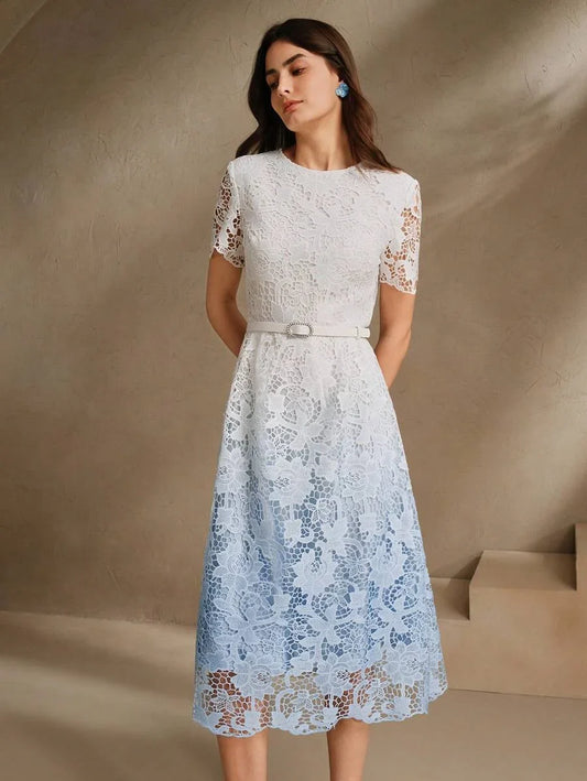 Women Gradient Lace Midi Bodycon Dress Round Neck Short Sleeve Suitable For SpringSummer Beach