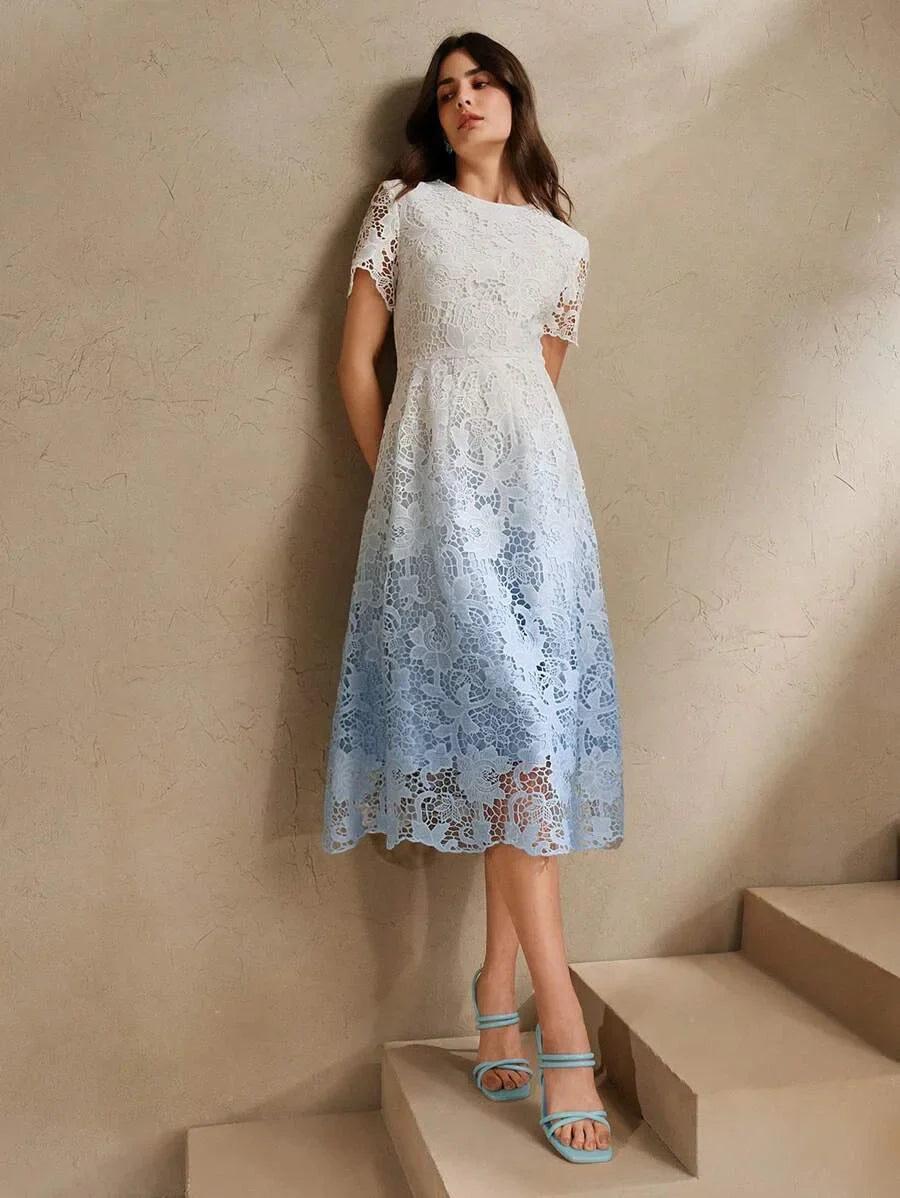Women Gradient Lace Midi Bodycon Dress Round Neck Short Sleeve Suitable For SpringSummer Beach