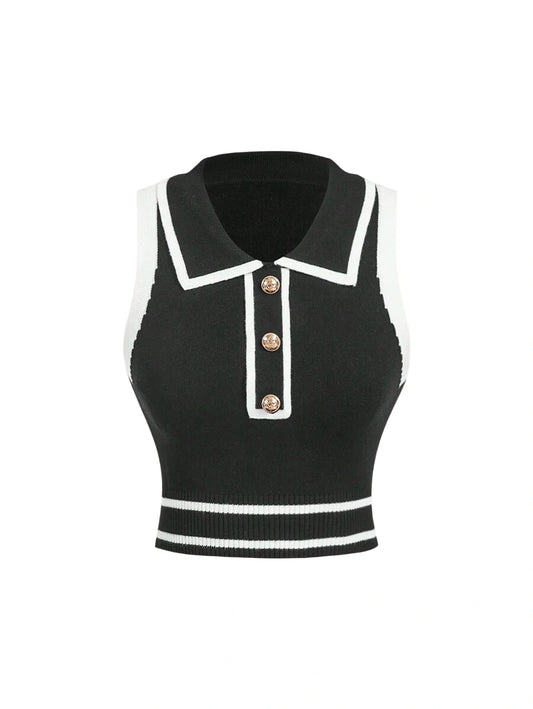Women Lapel Sleeveless Button Elegant Slim Fit Striped Knit Crop Top