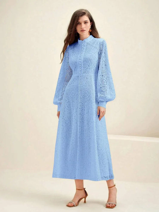 Women Long Sleeve Soft Style Lace Sky Blue Dress Maxi Women Outfit