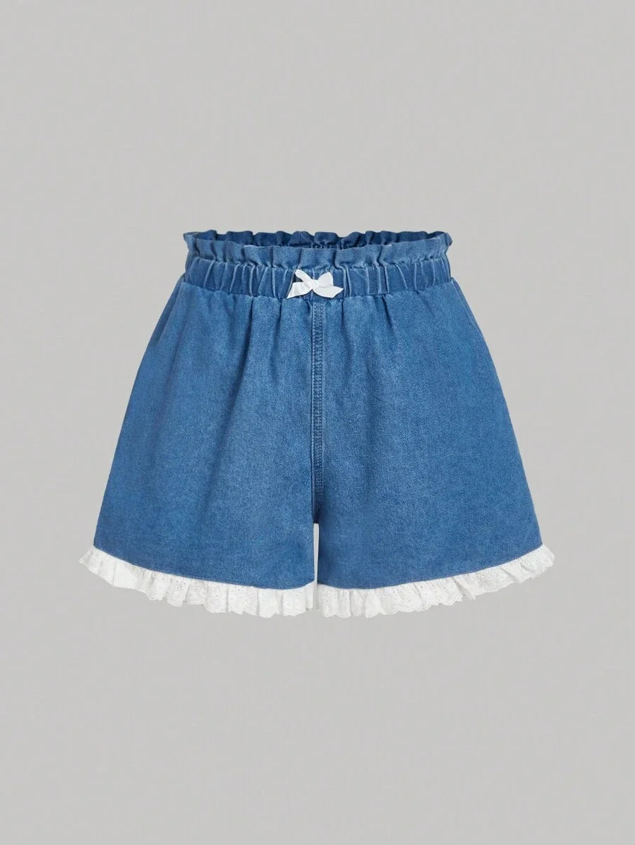 Women Loose Denim Wide Leg Shorts With Blue Color White Bow Hem Detail