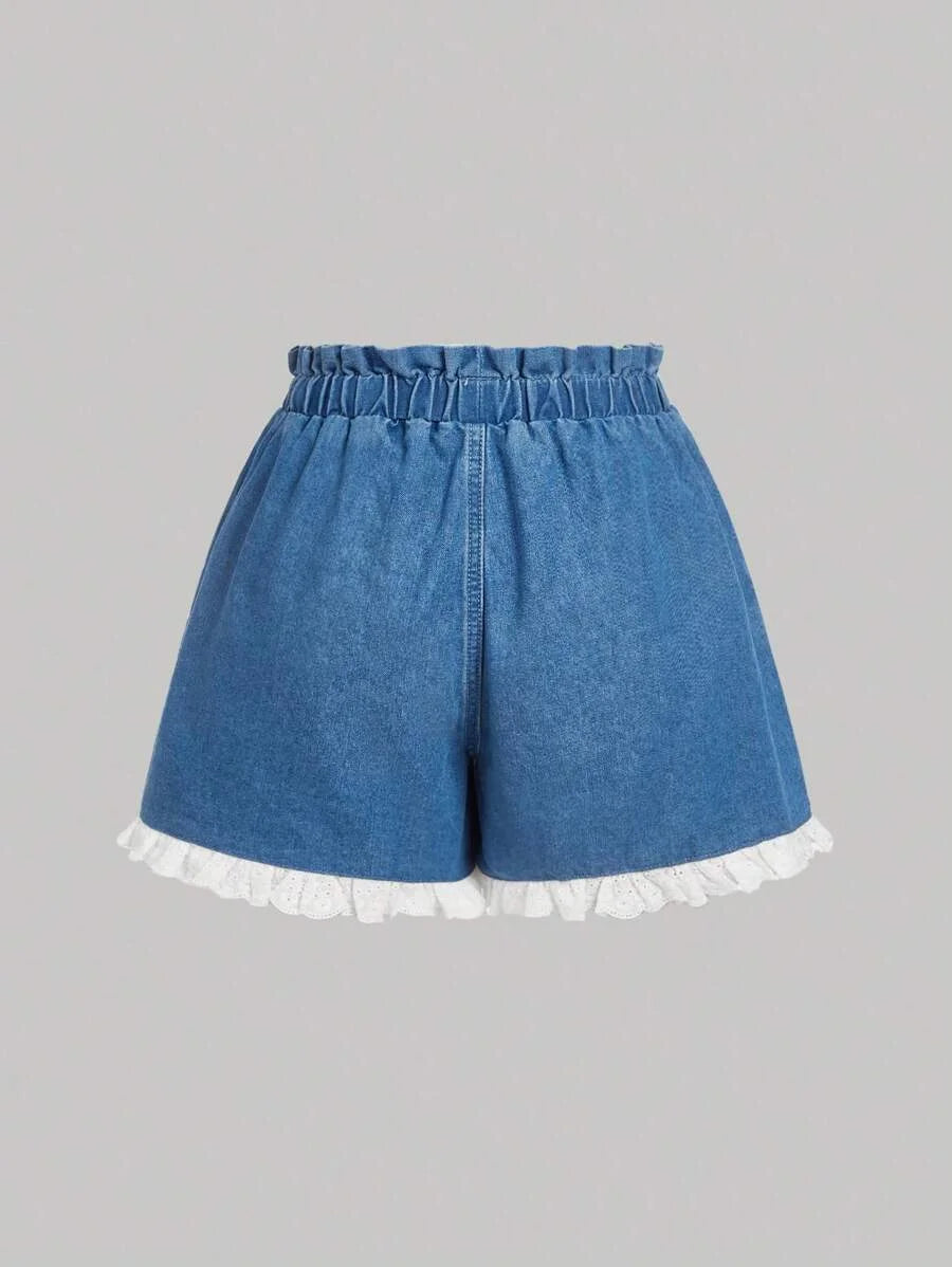 Women Loose Denim Wide Leg Shorts With Blue Color White Bow Hem Detail