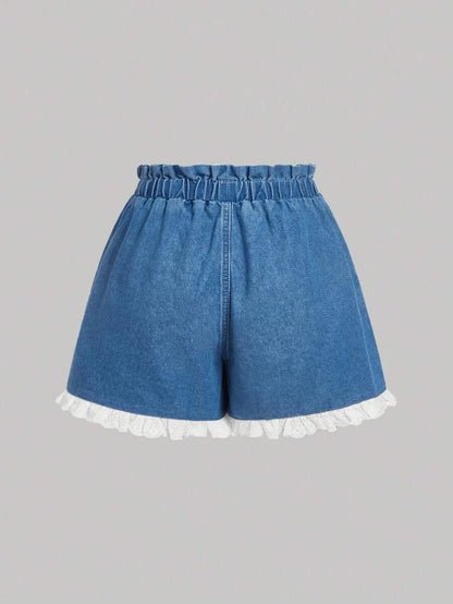 Women Loose Denim Wide Leg Shorts With Blue Color White Bow Hem Detail