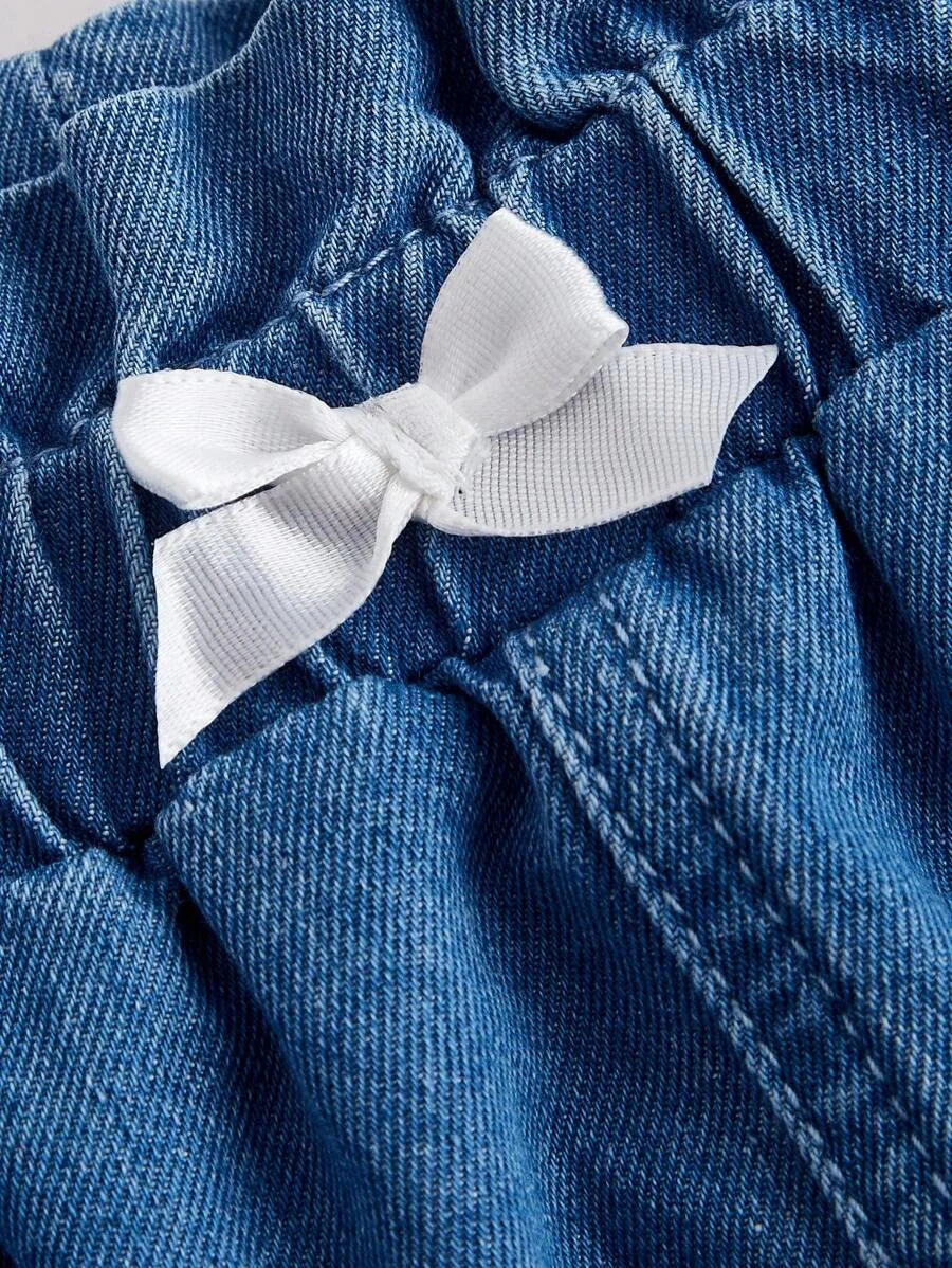 Women Loose Denim Wide Leg Shorts With Blue Color White Bow Hem Detail