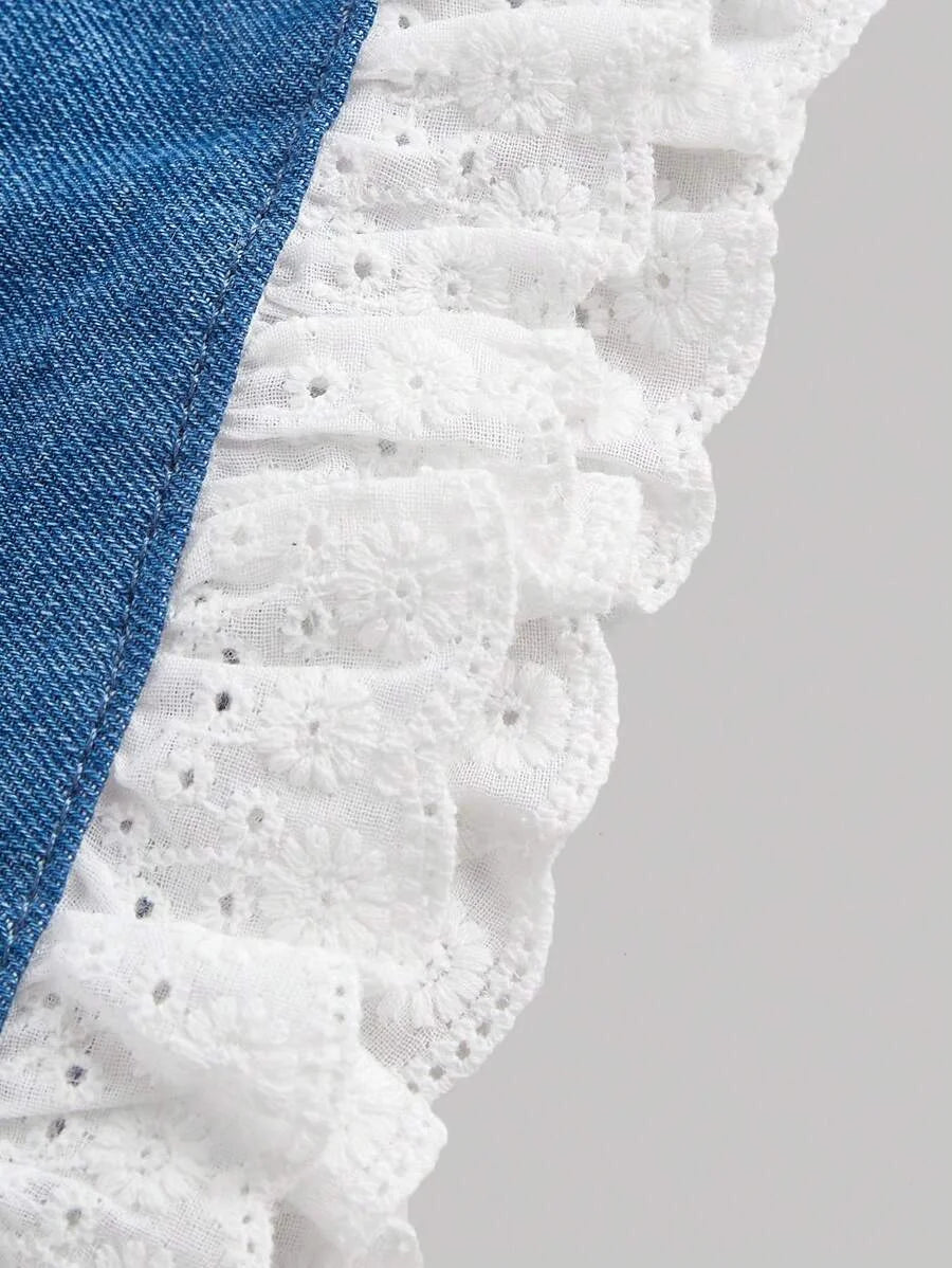 Women Loose Denim Wide Leg Shorts With Blue Color White Bow Hem Detail