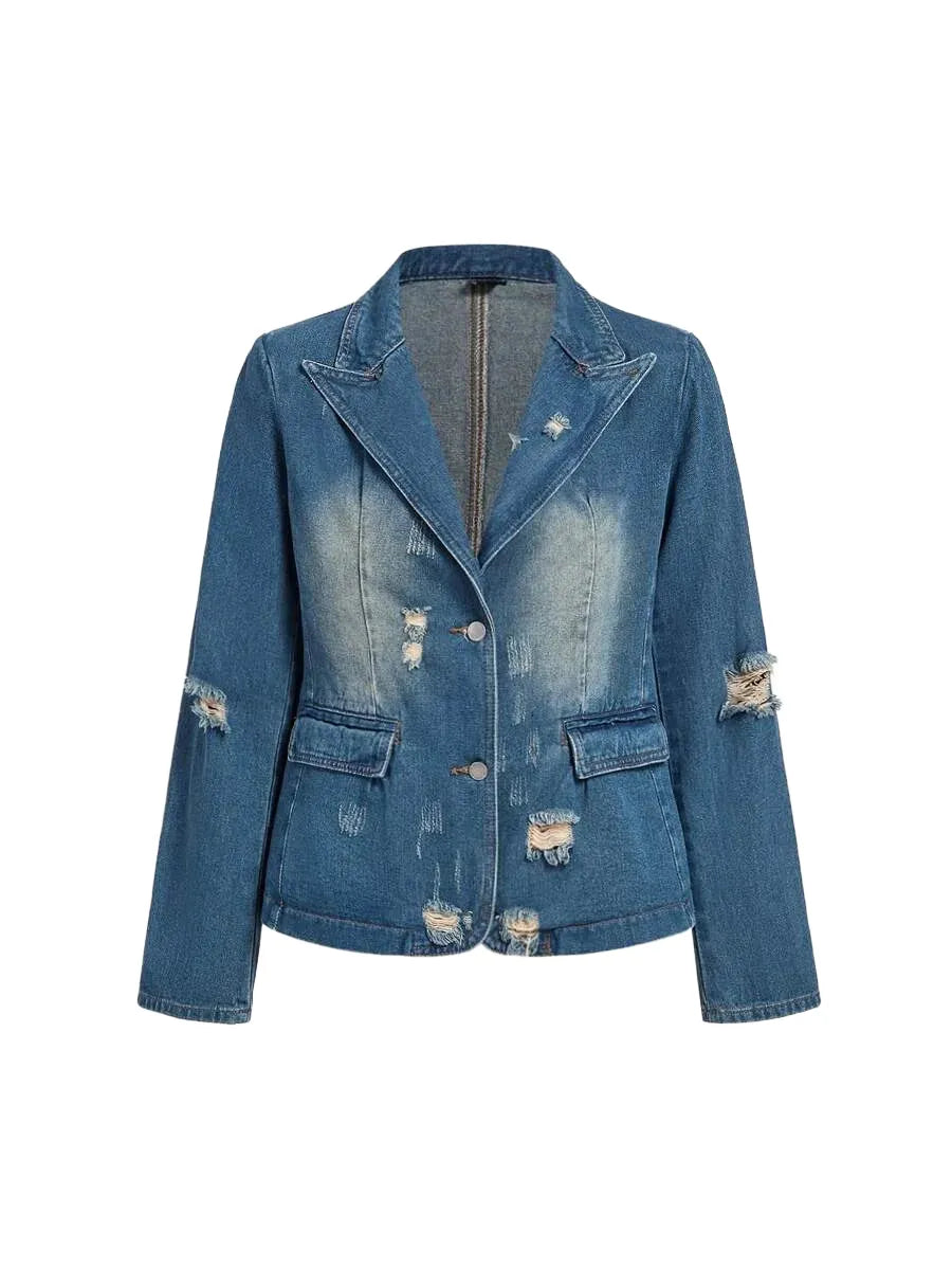 Women Loose Fit Denim Jacket Casual Long Sleeve Blazer In Blue