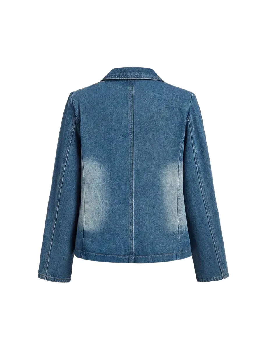 Women Loose Fit Denim Jacket Casual Long Sleeve Blazer In Blue