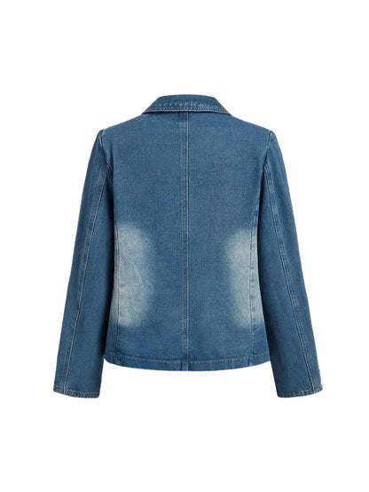 Women Loose Fit Denim Jacket Casual Long Sleeve Blazer In Blue