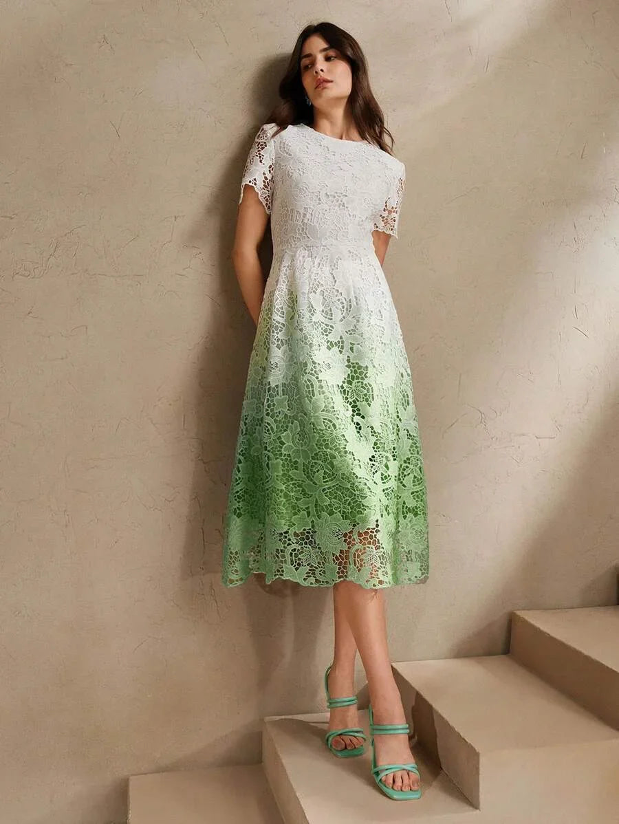Women Ombre WaterSoluble Lace MidLength Dress With Waistband Short Sleeve Round Neck SpringSummer