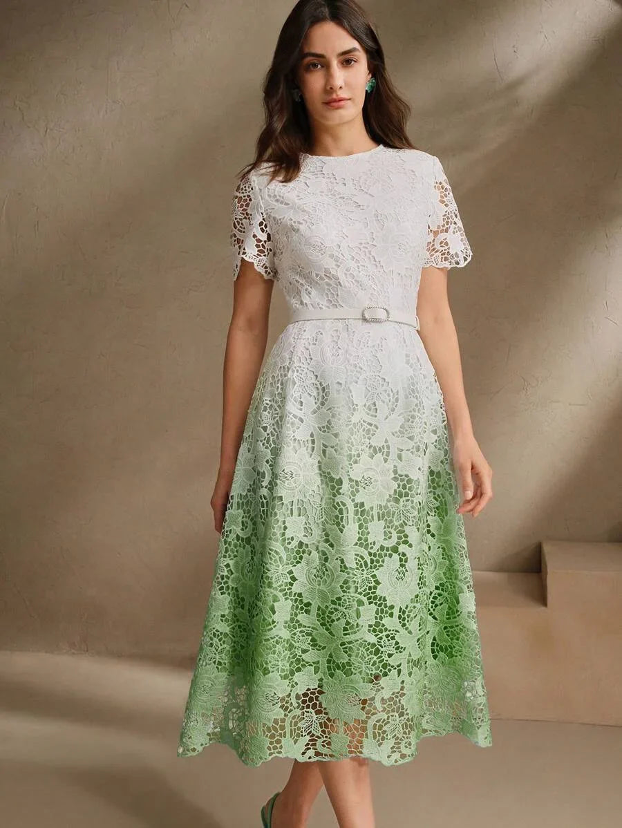 Women Ombre WaterSoluble Lace MidLength Dress With Waistband Short Sleeve Round Neck SpringSummer