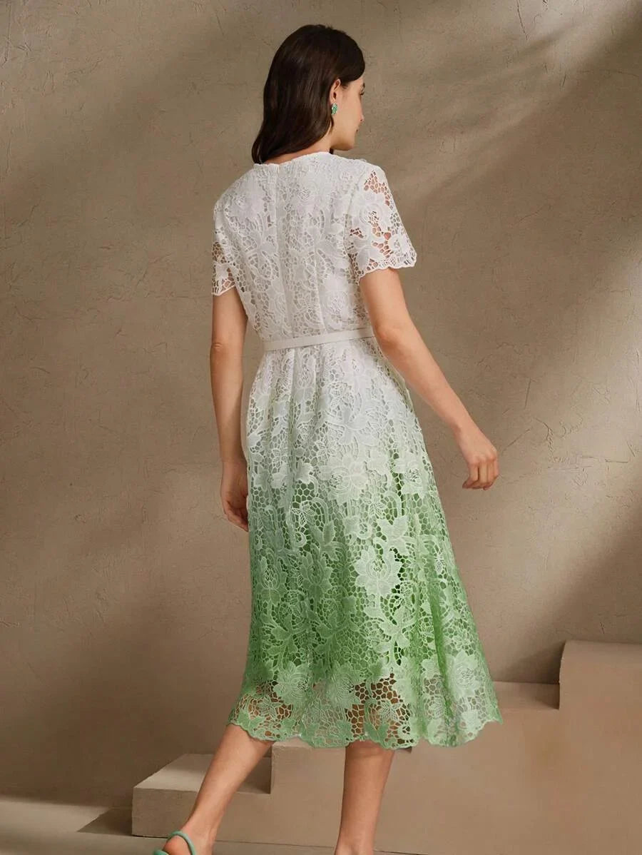 Women Ombre WaterSoluble Lace MidLength Dress With Waistband Short Sleeve Round Neck SpringSummer