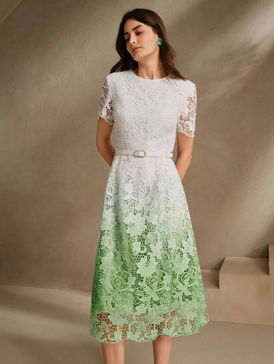Women Ombre WaterSoluble Lace MidLength Dress With Waistband Short Sleeve Round Neck SpringSummer