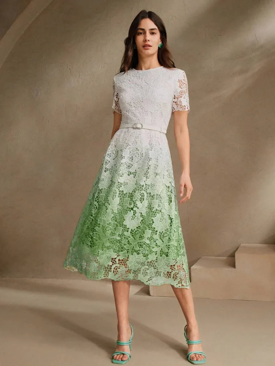 Women Ombre WaterSoluble Lace MidLength Dress With Waistband Short Sleeve Round Neck SpringSummer