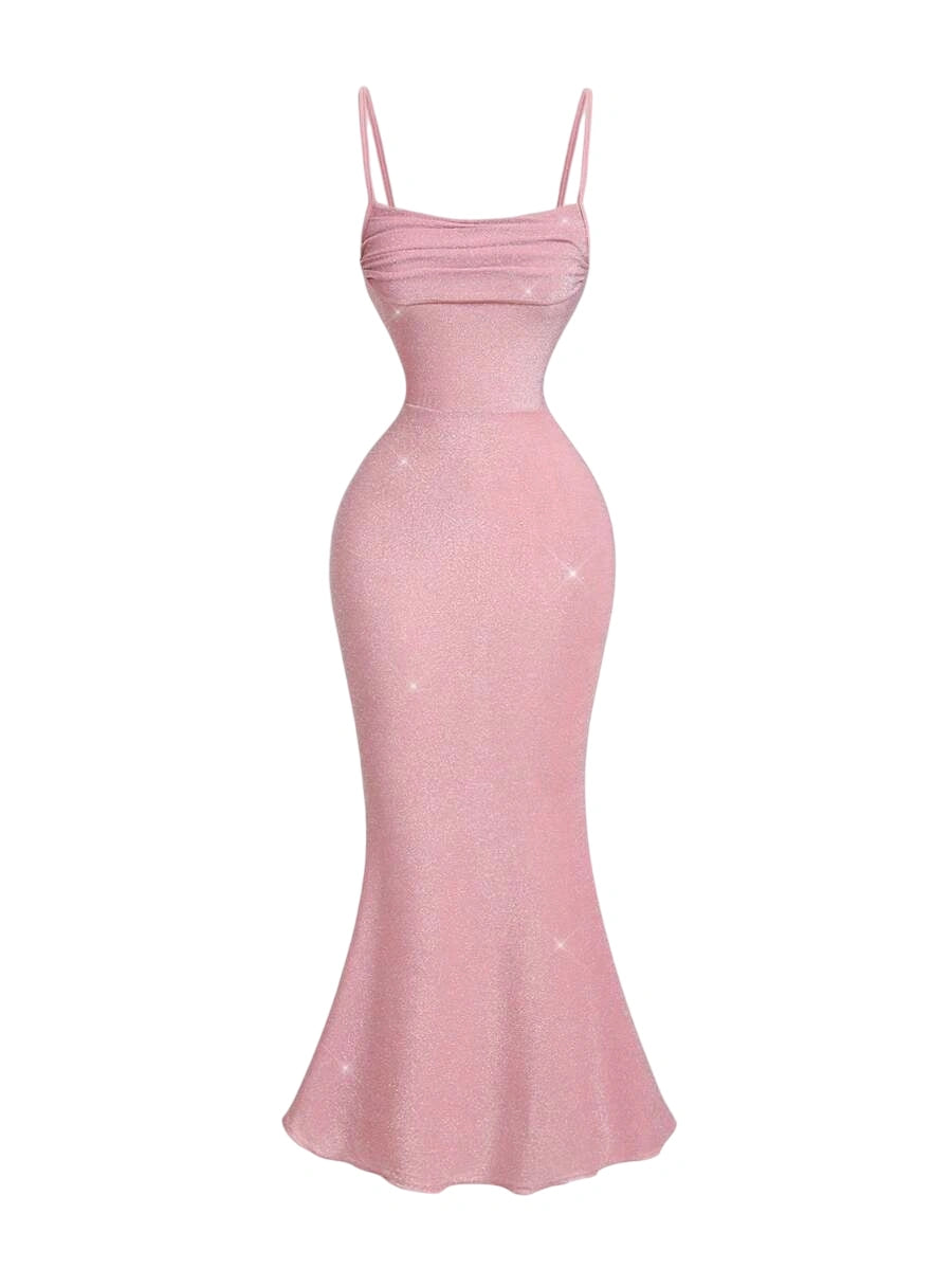 Pink sparkle mermaid dress with spaghetti straps and ruched bodice