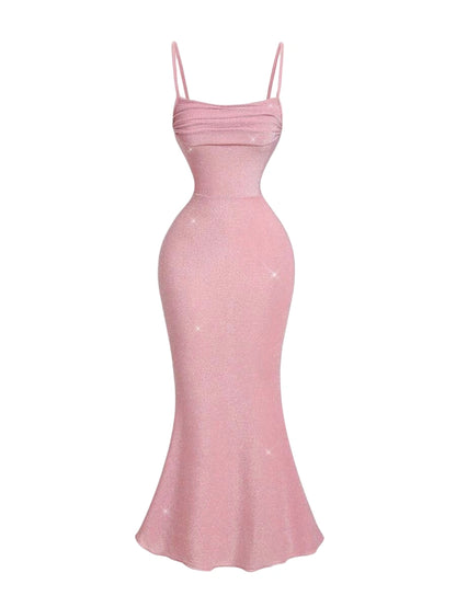 Pink sparkle mermaid dress with spaghetti straps and ruched bodice