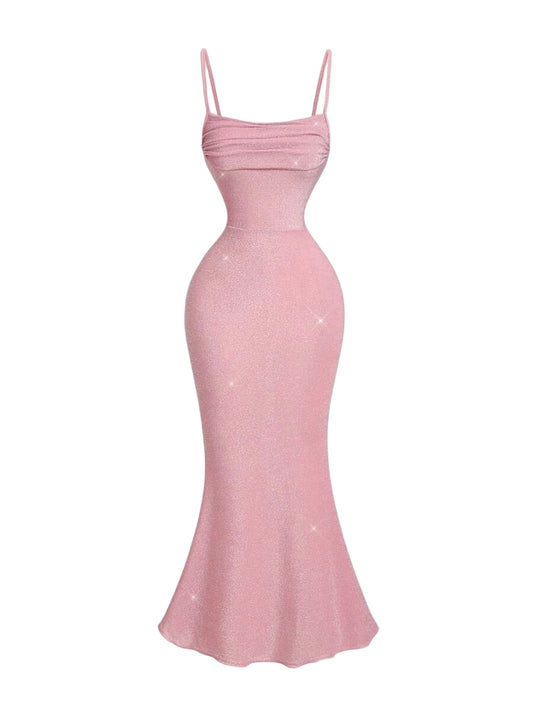 Pink sparkle mermaid dress with spaghetti straps and ruched bodice