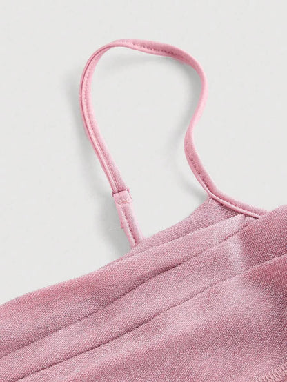 Women Pink Pleated Bust Fishtail Hem Long DressBeach Women Outfits New Year Party DressNew Year Eve