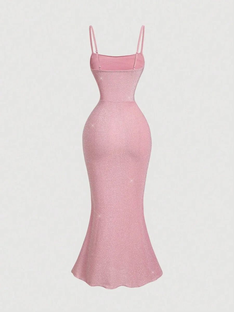 Women Pink Pleated Bust Fishtail Hem Long DressBeach Women Outfits New Year Party DressNew Year Eve