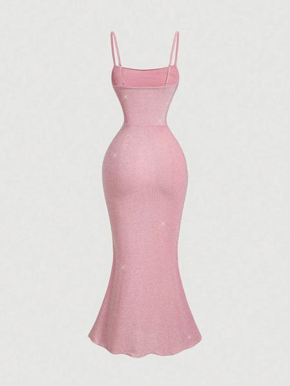 Women Pink Pleated Bust Fishtail Hem Long DressBeach Women Outfits New Year Party DressNew Year Eve
