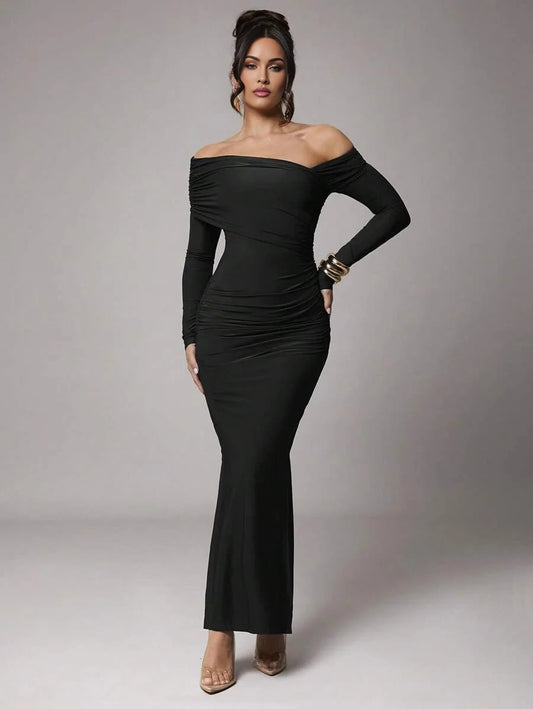 Women Plus Size Elegant Solid Color Long Sleeve CasualParty Dress Collared Asymmetrical Shoulder