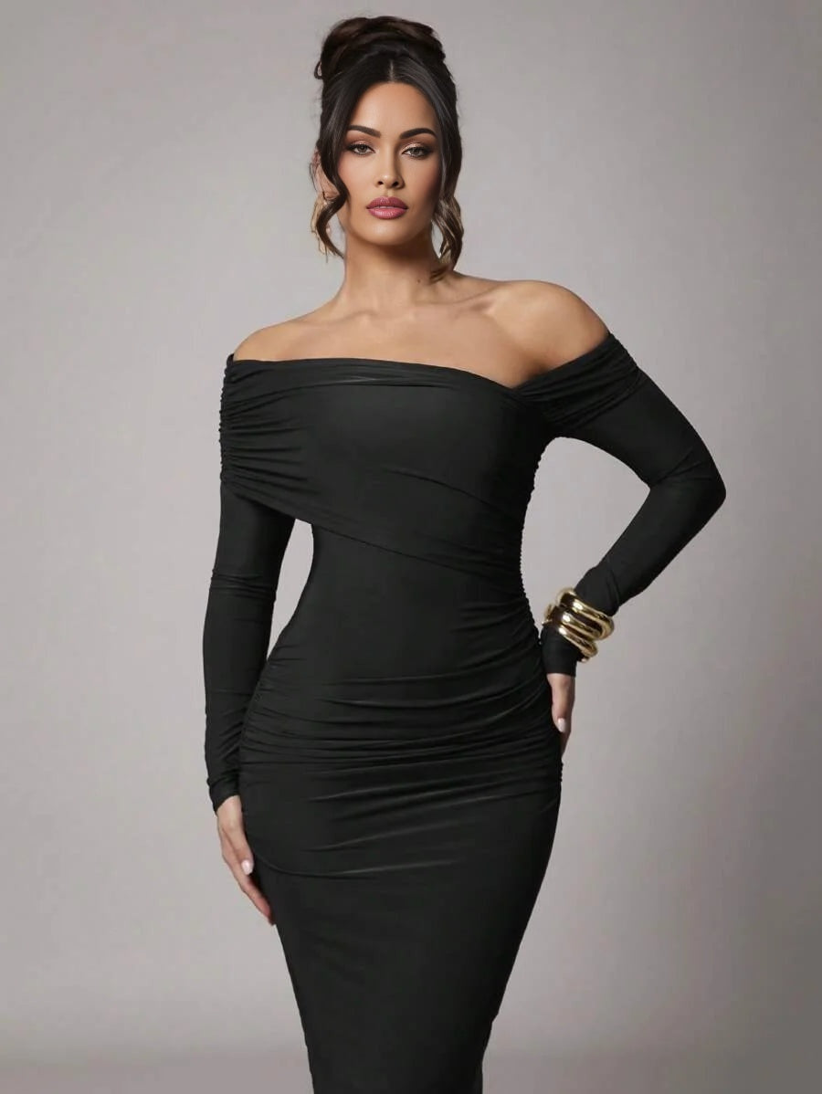 Women Plus Size Elegant Solid Color Long Sleeve CasualParty Dress Collared Asymmetrical Shoulder