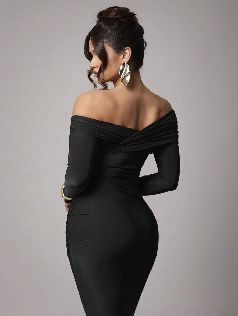 Women Plus Size Elegant Solid Color Long Sleeve CasualParty Dress Collared Asymmetrical Shoulder