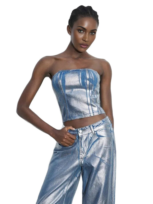 Women Simple Fitted Denim Tube Top Casual Vacation