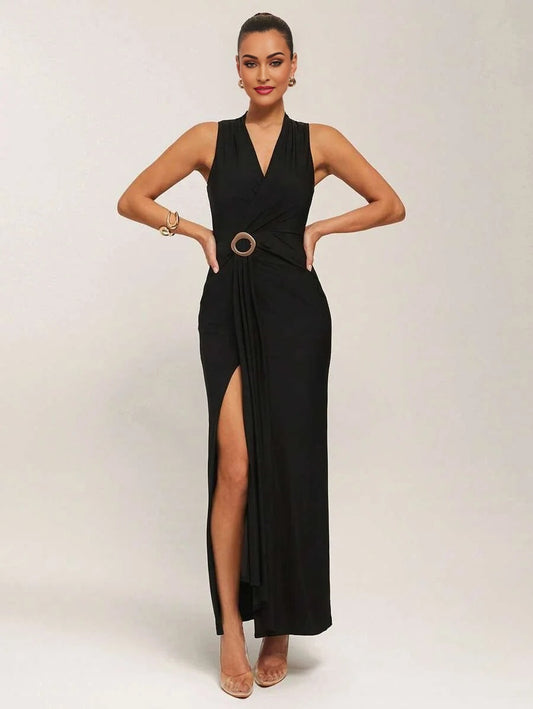 Women Sleeveless VNeck Solid Color Dress Fashionable For Summer