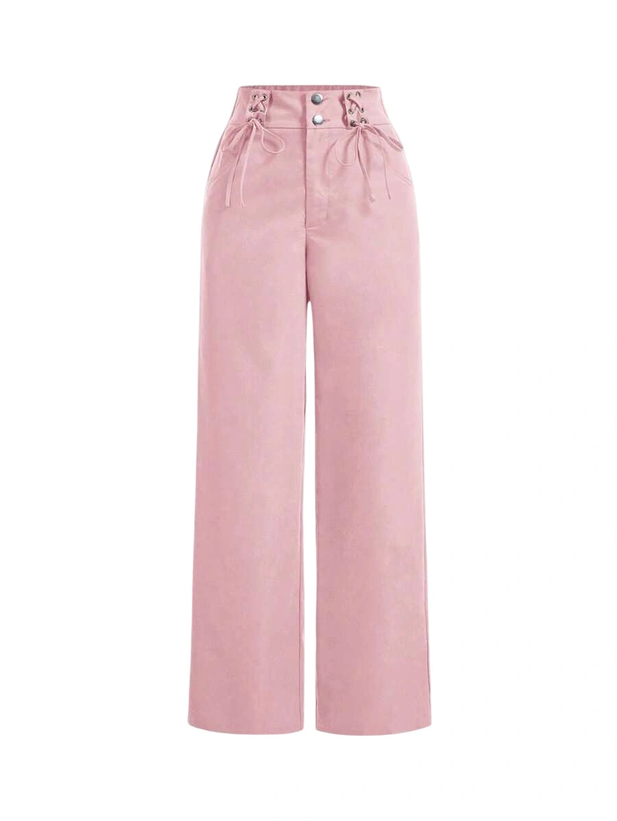 Women Solid Color Belted Button Long Pants Suitable For Summer