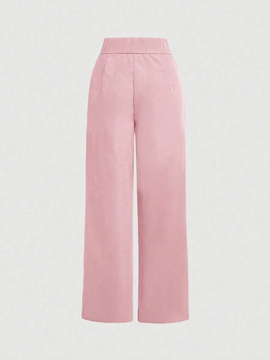 Women Solid Color Belted Button Long Pants Suitable For Summer