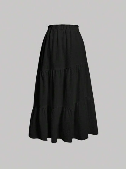 Women Solid Color Daily Wear Ruffle Hem Skirt