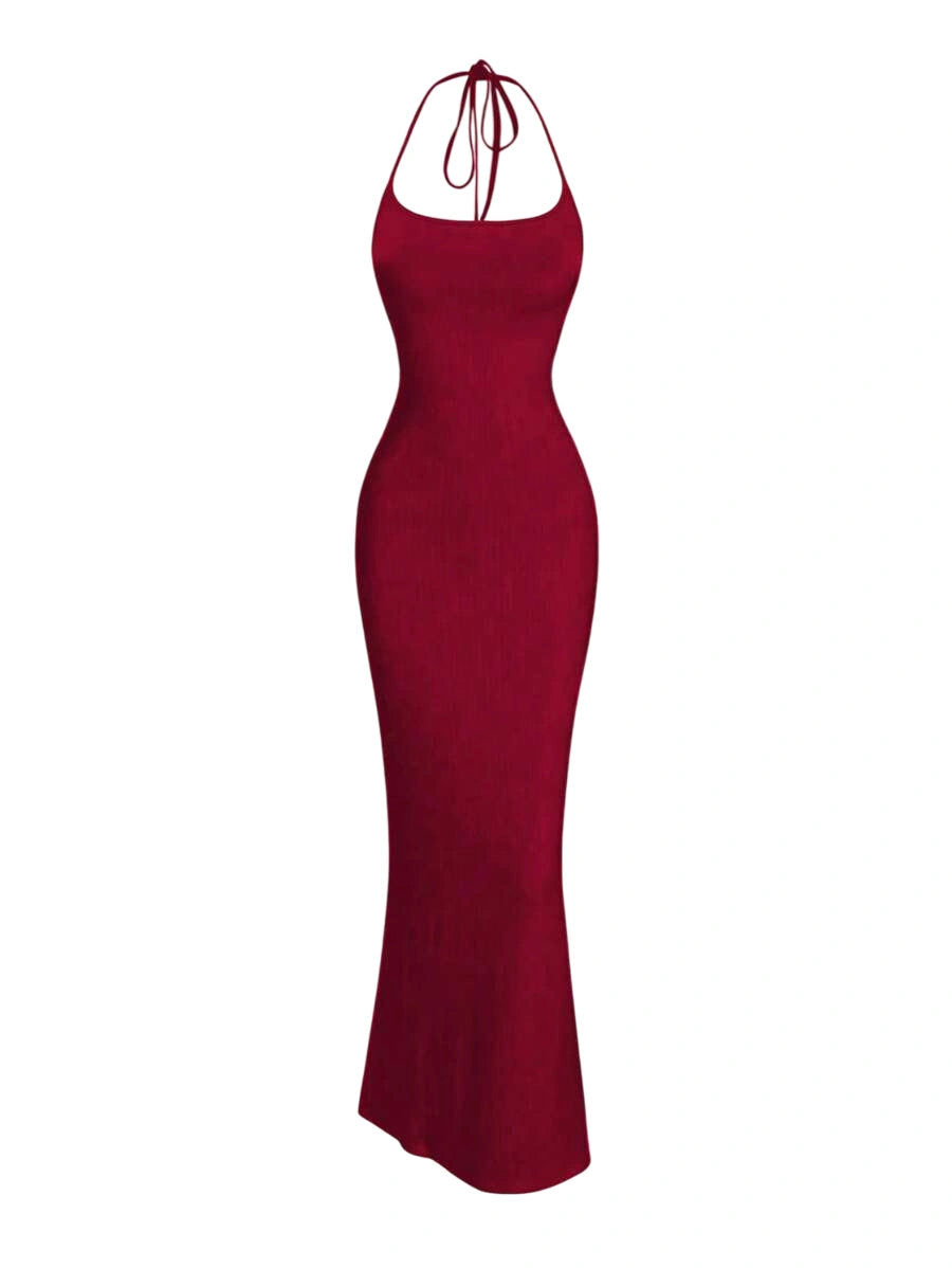 Burgundy halter neck maxi dress with a form-fitting silhouette