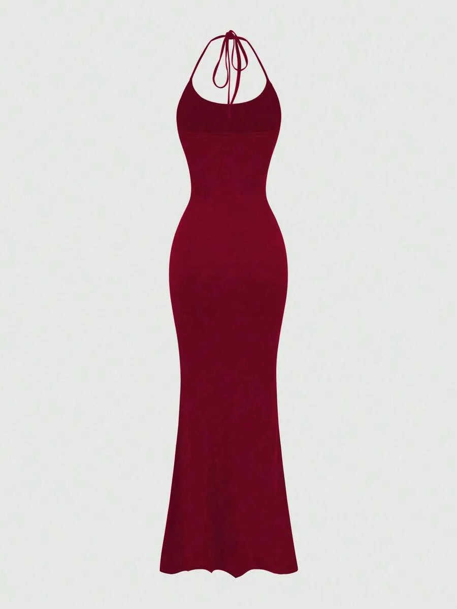 Women Solid Color Minimalist Halter Tie Neck Velvet Long Black Homecoming Dress Burgundy Maxi Women