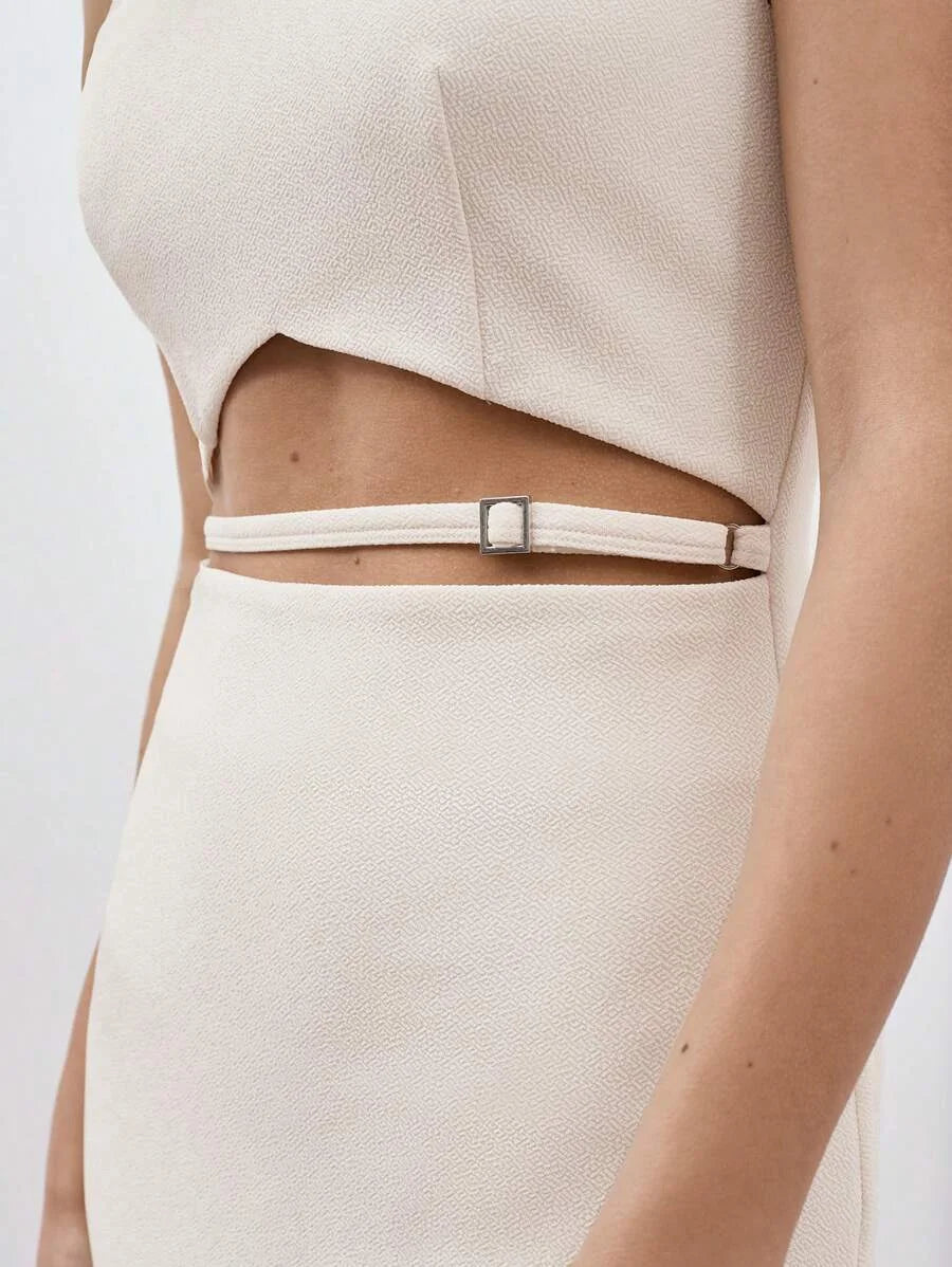 Women Solid Color Waist Cutout Round Neck Sleeveless Mini Dress Festival