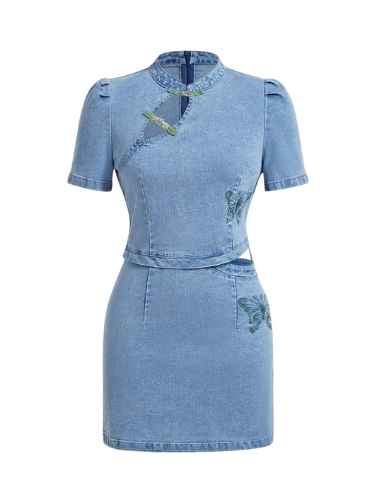 Women Summer Casual Slim Fit Denim Dress With Chinese Style Button And Butterfly Embroidery