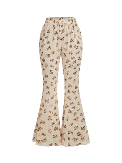 Women Textured Mesh Sheer Floral Print Flare Pants