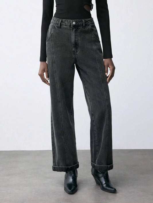 Women Thermal Lined Thickened StraightLeg Jeans Loose Casual Pants Black