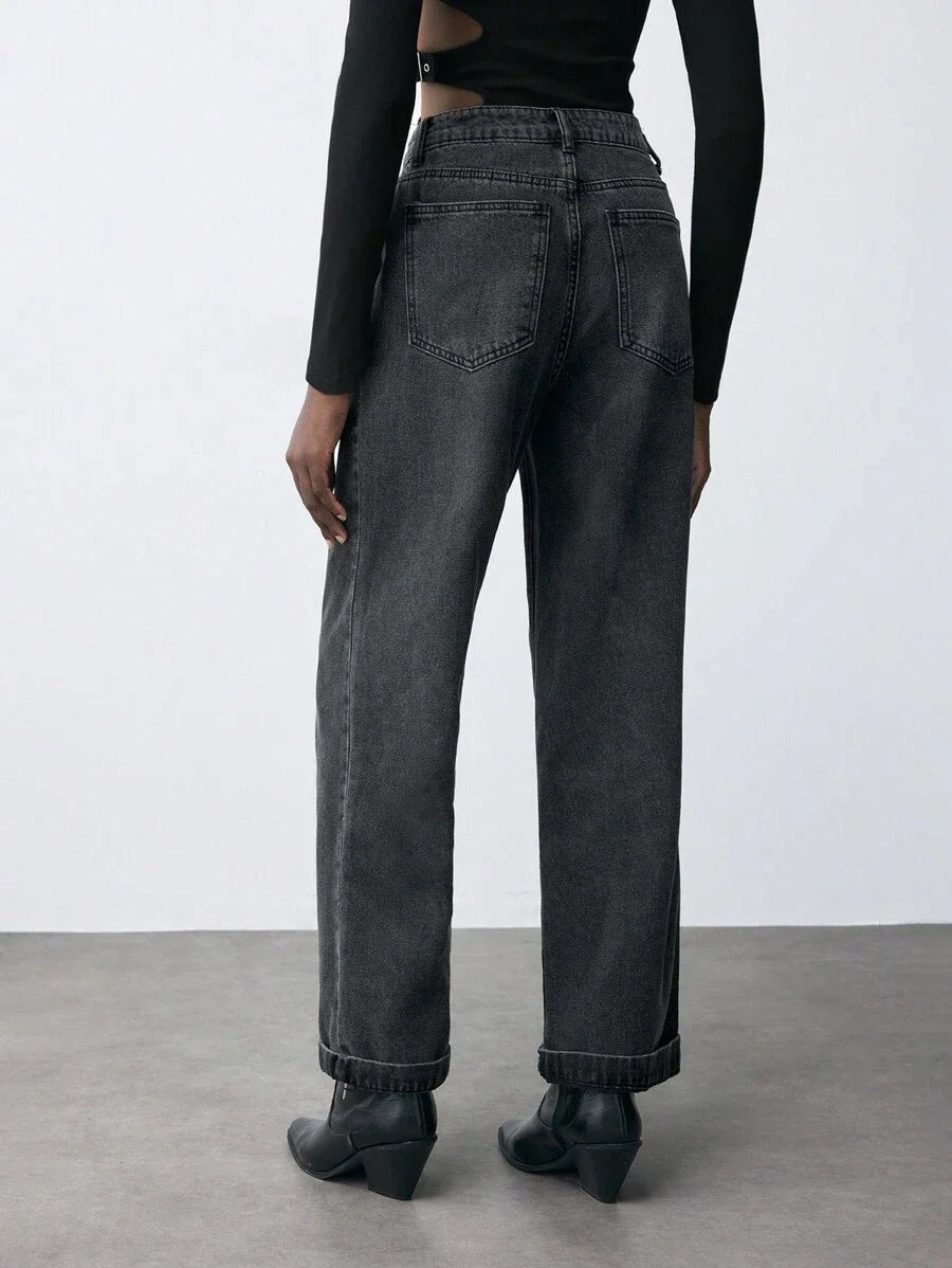 Women Thermal Lined Thickened StraightLeg Jeans Loose Casual Pants Black