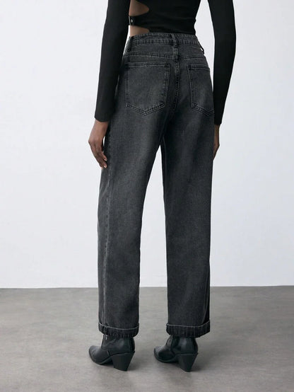 Women Thermal Lined Thickened StraightLeg Jeans Loose Casual Pants Black