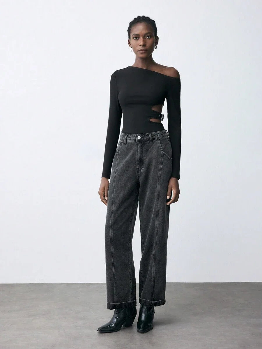Women Thermal Lined Thickened StraightLeg Jeans Loose Casual Pants Black
