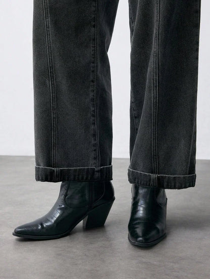 Women Thermal Lined Thickened StraightLeg Jeans Loose Casual Pants Black