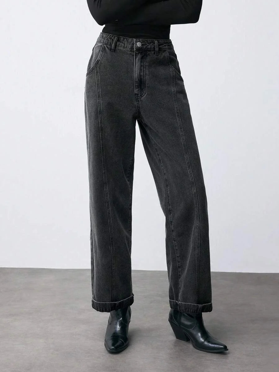 Women Thermal Lined Thickened StraightLeg Jeans Loose Casual Pants Black
