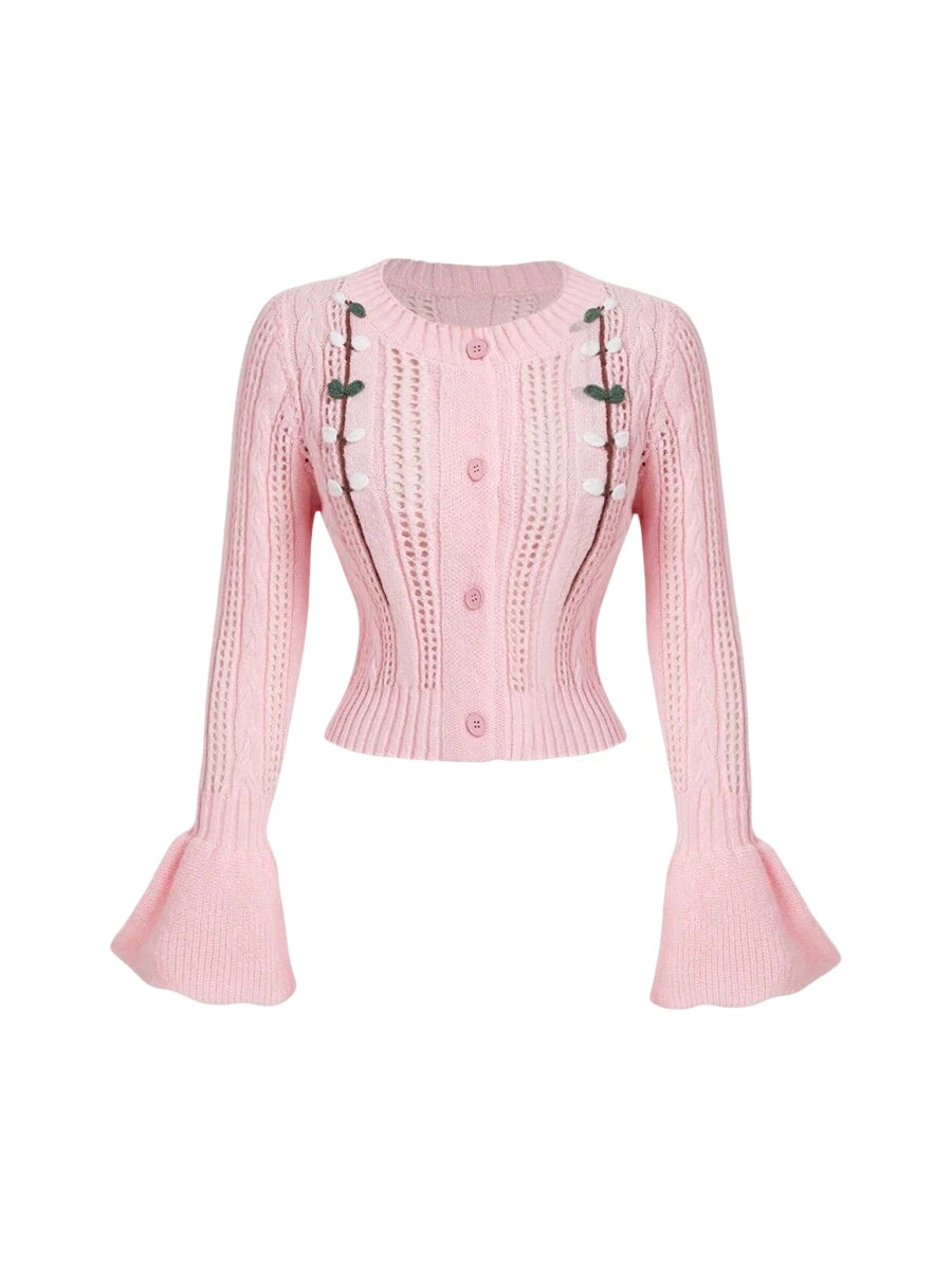 Women Vintage Floral Pattern Bell Sleeve Knit Cardigan In PinkHot Pinks CardiganCute Cardigan
