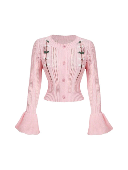 Women Vintage Floral Pattern Bell Sleeve Knit Cardigan In PinkHot Pinks CardiganCute Cardigan