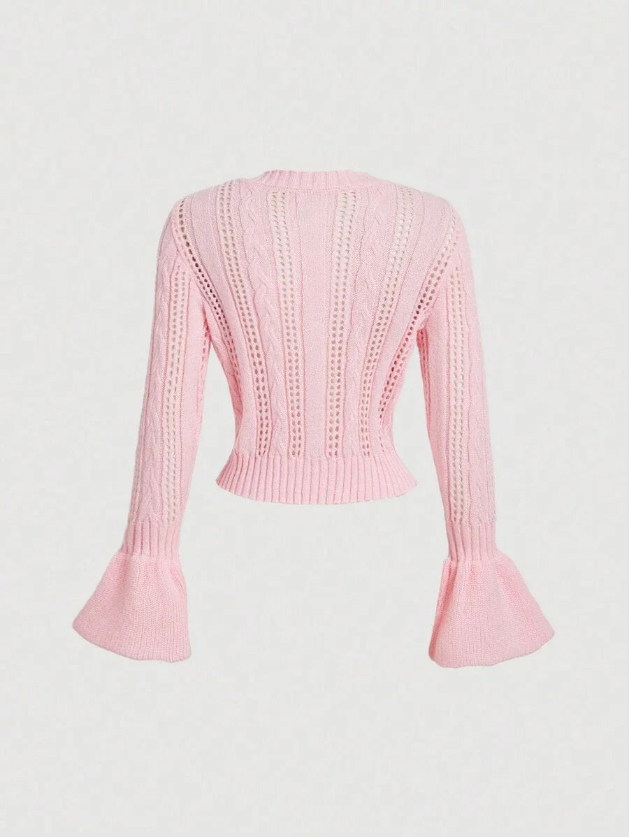 Women Vintage Floral Pattern Bell Sleeve Knit Cardigan In PinkHot Pinks CardiganCute Cardigan