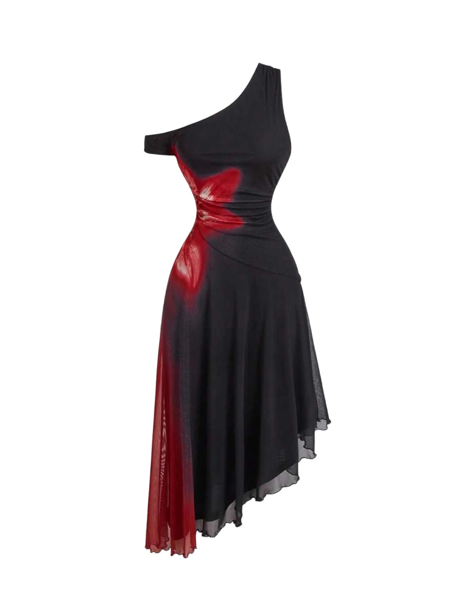 One-shoulder black and red dress with floral spray print, asymmetrical hem