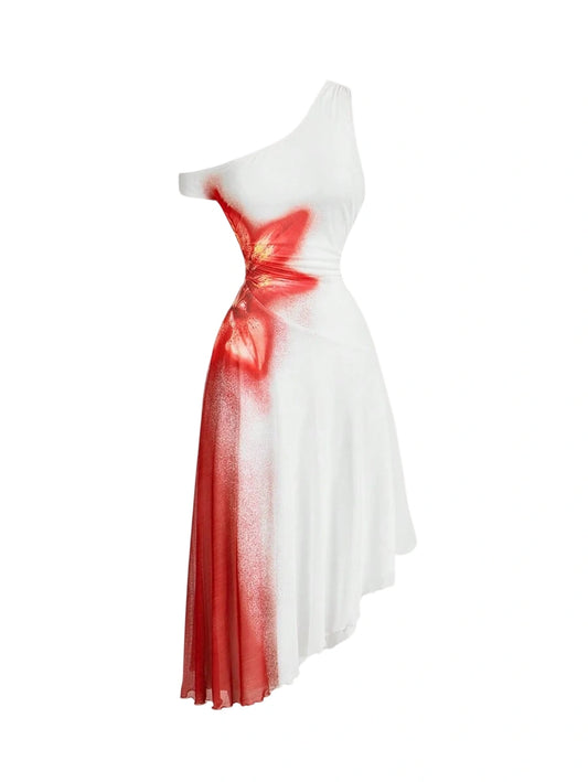 One-shoulder white dress with red floral spray print, asymmetrical hem