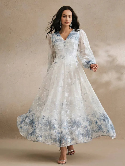 Women VNeck Elegant Placed Floral Print Long Sleeve Dress Spring Outfits Classy Dresses For Woman