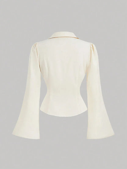 Women VNeck Ruffle Flared Sleeve Blouse Waist CinchedApricot Long Sleeve ShirtWitchy ClothesButton