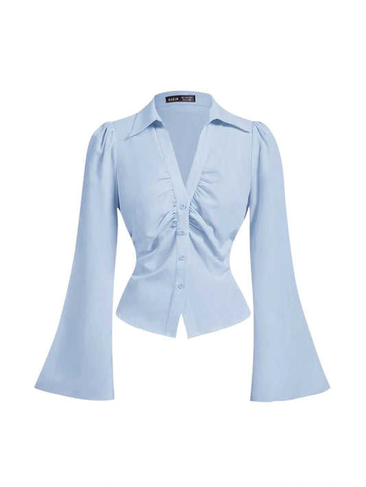 Women Crop Top V Neck Ruffle Flared Sleeve Blouse Waist Cinched Blue Long Sleeve Shirt Witchy Clothes Button